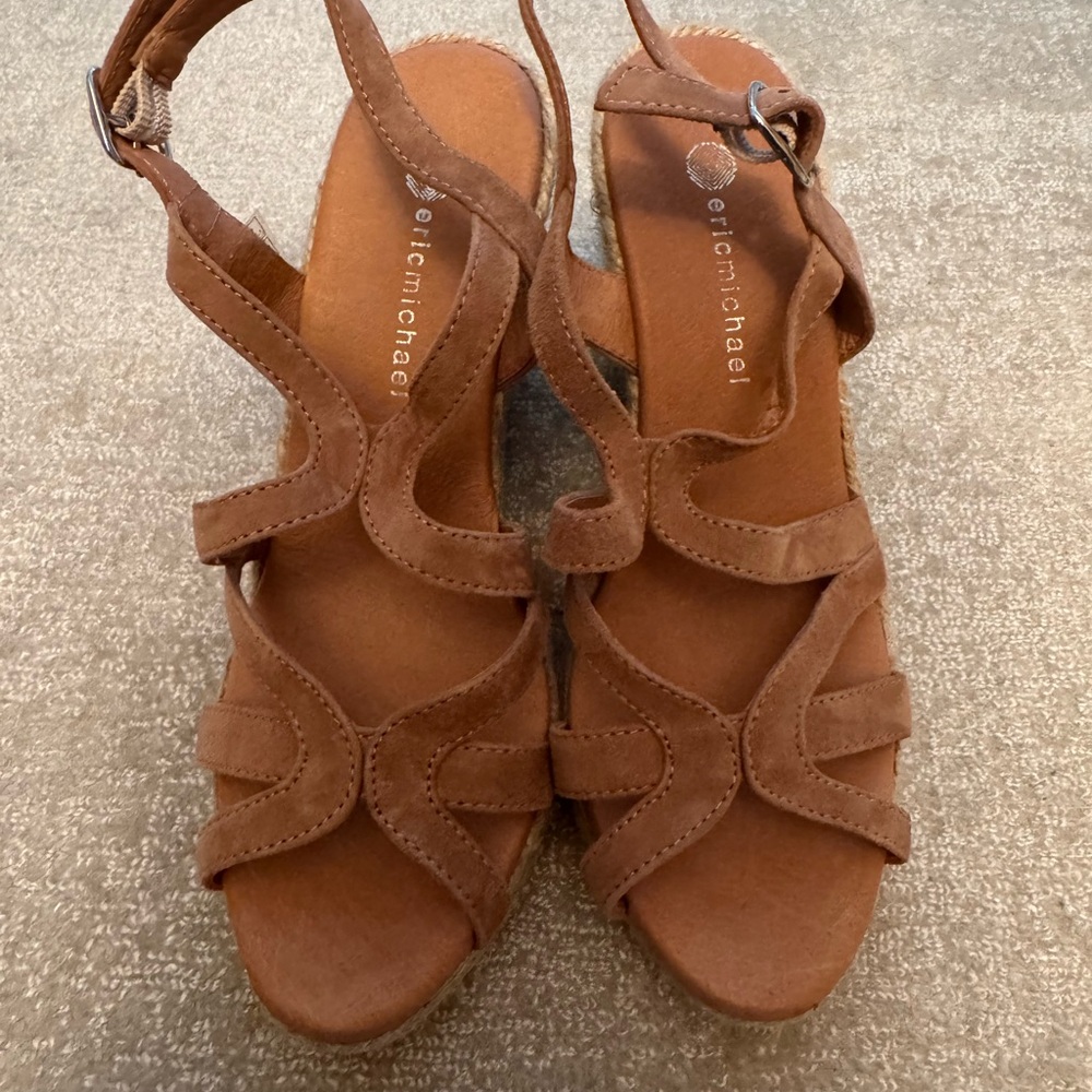 Eric Michael Tan Wedge Sandals with Strappy Design